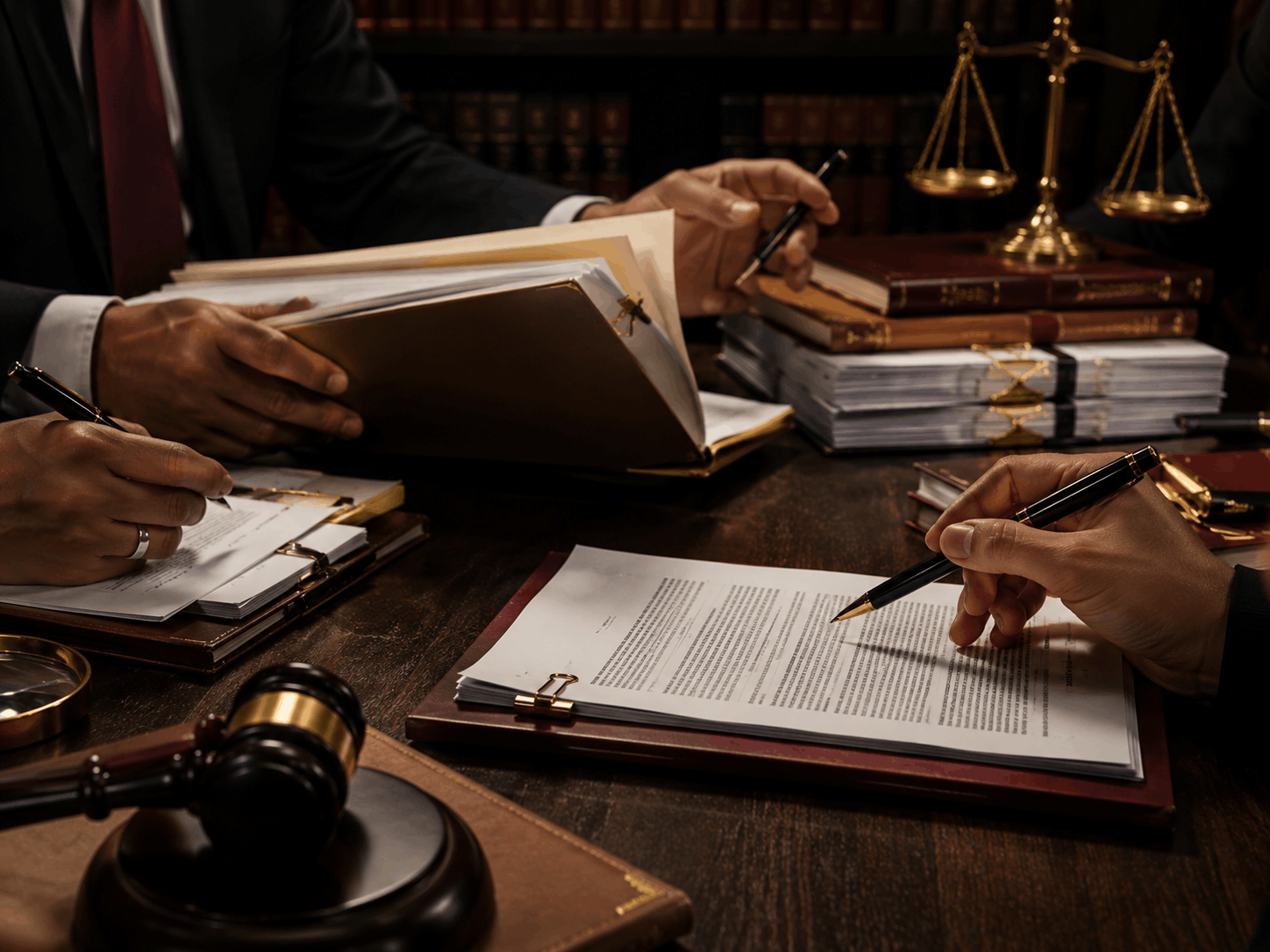 Legal team reviewing litigation files under dramatic crimson and gold lighting