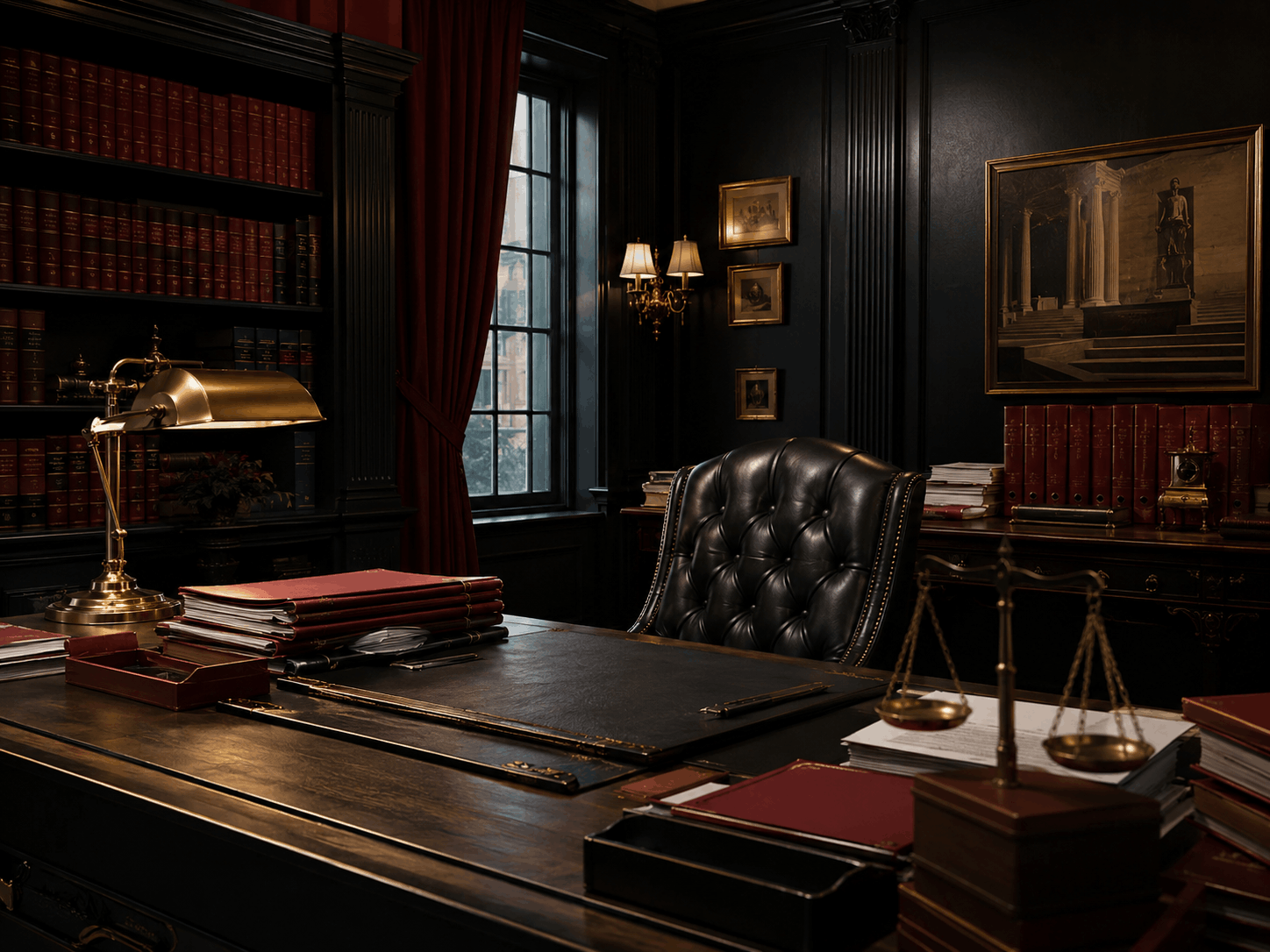 Dramatic legal office with case files, court documents, crimson lighting, and gold accents