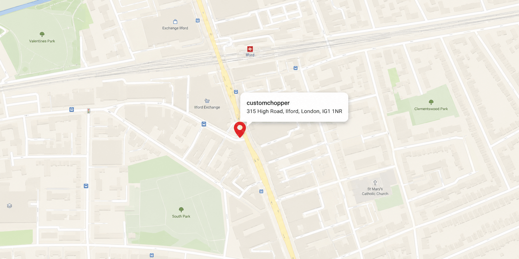 Map-style location preview for customchopper at 315 High Road, Ilford, London
