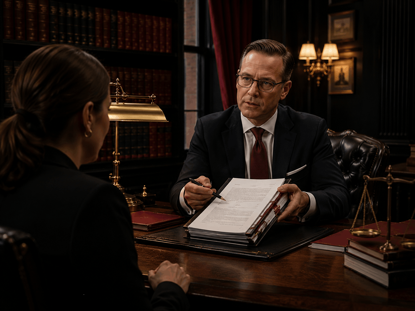 Legal counsel presenting case documents to a client in a dramatic law office